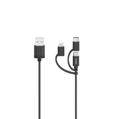 USB-kaabel USB-A - microUSB + Lightning adapter + USB-C adapter Hama 3in1, must USB2.0 kaabel 0.75m