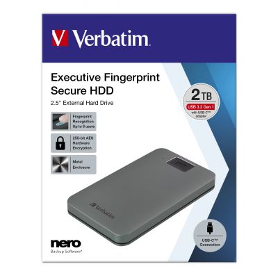 Hard disk external HDD Verbatim Executive Fingerprint Secure Portable HDD 2TB USB3.2 Gen1 USB-C, USB-C adapter, Nero BackUp, metal, 256-bit