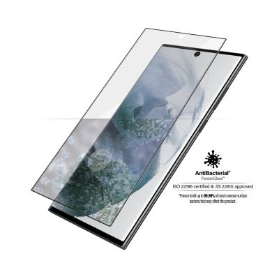 PanzerGlass | Samsung | Galaxy S22 Ultra | Tempered glass | Black | Case friendly. Compatible with ultrasonic fingerprint sensor. 100 % touch sensitivity. Antibacterial (ISO 22196 certified & JIS 228