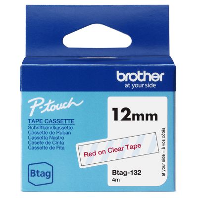 Kleepkirjalint Brother BTAG-132 läbipaistev, punane tekst, laius 12mm mudelitele PT-N10, N20, N25
