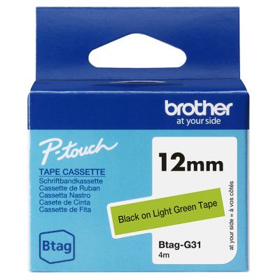 Kleepkirjalint Brother BTAG-G31 heleroheline, must tekst, laius 12mm mudelitele PT-N10, N20, N25