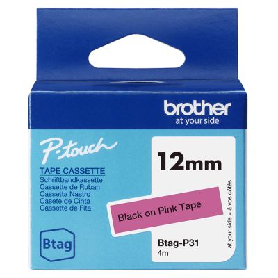 Kleepkirjalint Brother BTAG-P31 roosa, must tekst, laius 12mm mudelitele PT-N10, N20, N25