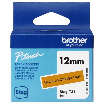 Kleepkirjalint Brother BTAG-T31 oranž, must tekst, laius 12mm mudelitele PT-N10, N20, N25