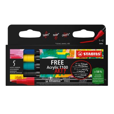 Marker permanent STABILO FREE Acrylic T100 Royal set, 1-2mm, 5 colours