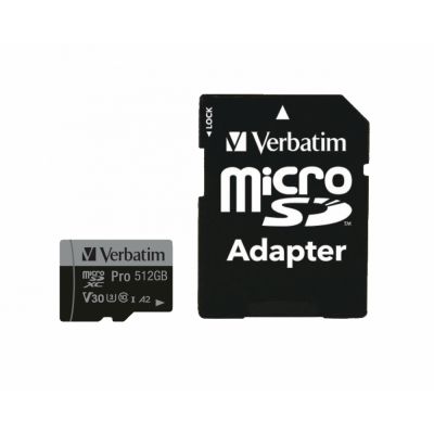 Mälukaart Secure Digital Verbatim MicroSDXC 512GB Pro, A2 app class, UHS-I U3, r100MB/sec w90MB/sec + SD-adapter