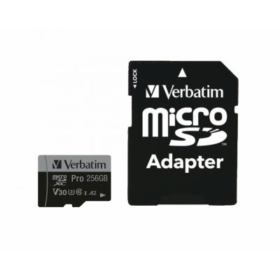 Mälukaart Secure Digital Verbatim MicroSDXC 256GB Pro, A2 app class, UHS-I U3, r100MB/sec w90MB/sec + SD-adapter