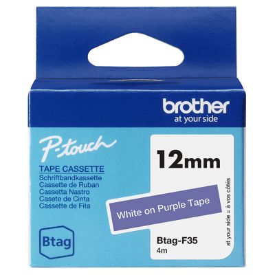 Kleepkirjalint Brother BTAG-F35 lilla, valge tekst, laius 12mm mudelitele PT-N10, N20, N25
