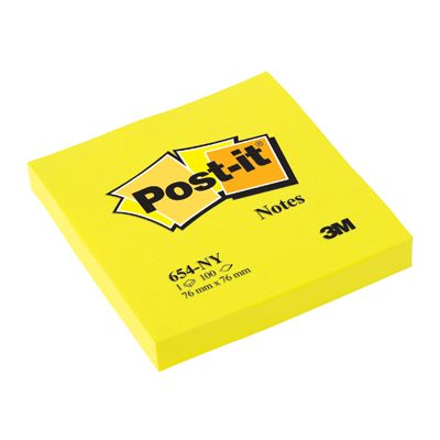 Märkmepaber iseliimuv POST-IT 654 neoonkollane 76x76mm (pakis 100l.)