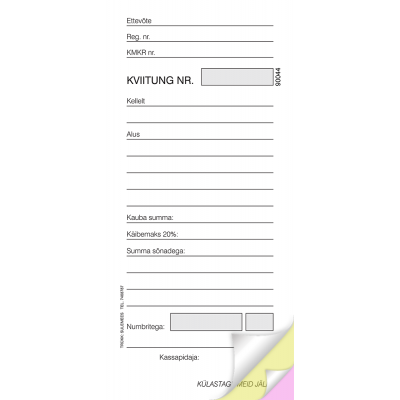 Form "Kviitung A7" vertical, 3x25sh, carbon paper
