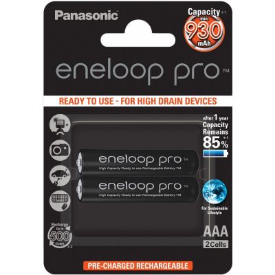 Akupatareid Panasonic Eneloop Pro AAA HR03 930mAh NiMH 2BP, 1,2V 2 akupatareid suure voolutarbega seadmetele