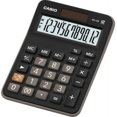 Lauakalkulaator Casio MX-12B must 12-kohaline, tava- ja päikesepatarei, 115gr, 29x106,5x147mm, Standardloogika