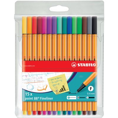 Tindipliiats Stabilo Point 88 fineliner 0,4mm, 15 värvi pakis
