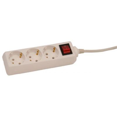 Extension cord 1.5 meters 3 sockets, WHITE, earthed, with switch