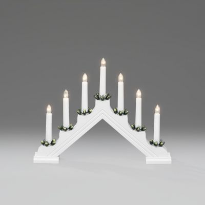 Plastic candlestick 7 bulb, white, w. pine decor. rings 230V