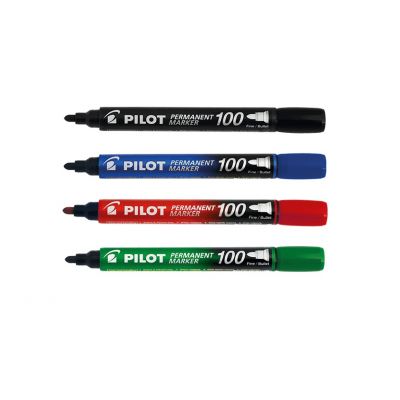 Marker permanent Pilot 100 - FINE with 1 mm taper tip - 4 colors / set, oil based