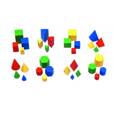Small geometric bodies, 8 different, 4 colors, 32 pcs in total, 1.3 - 4.5 cm, English teacher´s guide included