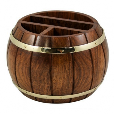 Penholder/memo box in barrel shape, wood/brass, H: 10cm, Ø: 15cm
