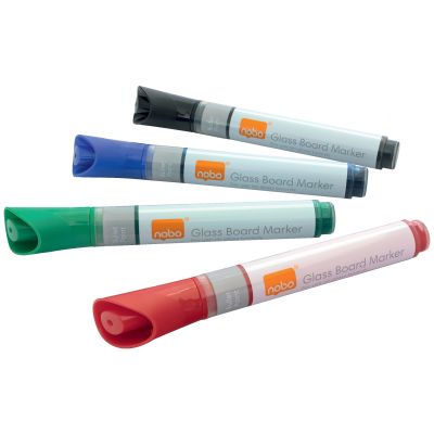 Tahvlimarker NOBO Glass Whiteboard Marker Assorted, valge pinnaga klaastahvlile - roheline, sinine, punane, must 4tk kompl.