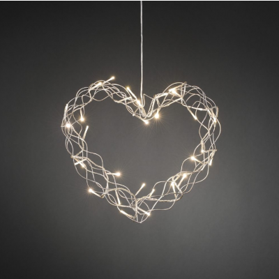 Heart-shaped wire braided decoration, hanging K-31cm, with 32ww LED light, transparent cable / silver