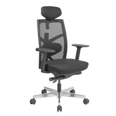 Office chair with TUNE headrest, backrest, 3D reg. armrests 13474 / max 120kg / black fabric 50,000 Martindale + pol. alum. jalarist