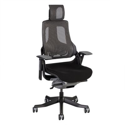 Driver's chair with WAU headrest, reg. armrests on top gray, 09852 / max 120kg / black fabric + gray gray mesh fabric + black