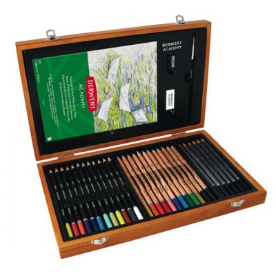 Art set in wooden box Derwent Academy 30pcs: 12 colors / 12 watercolors / 6 sketch pens + eraser, A5 block + brush