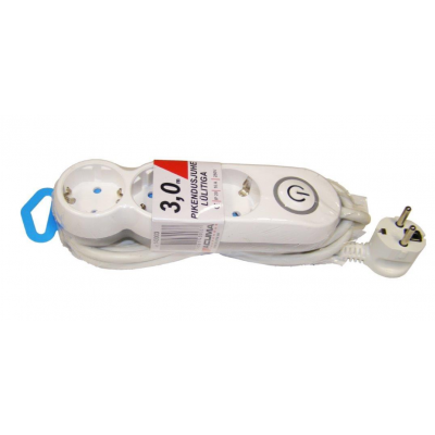 Extension cord 3 meters 3 sockets, WHITE, earthed, with switch, 3G1,5mm, 16A