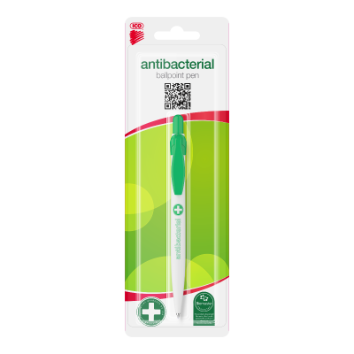 Antibacterial ballpoint pen ICO with white green clip, blue refill. Blister card