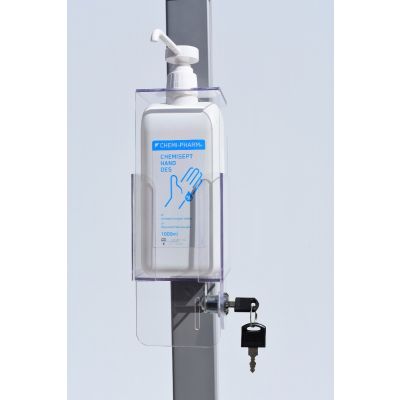 Hand sanitizing station with lockable disinfectant base for 0.5L Chemi-Pharm pump bottle, leg H-1500mm/silver gray metal