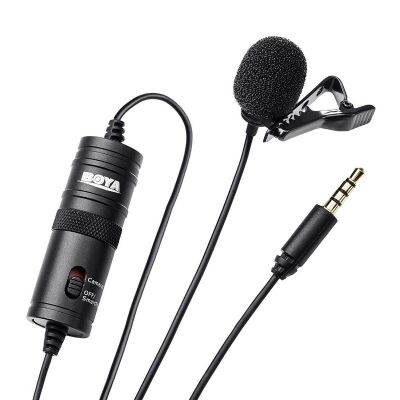 Microphone Boya BY-M1 Lavalier, 3.5mm 4-pin or 6.3mm stereo connection, cable 6m, compact clip-on mount, wind protection, LR44 battery