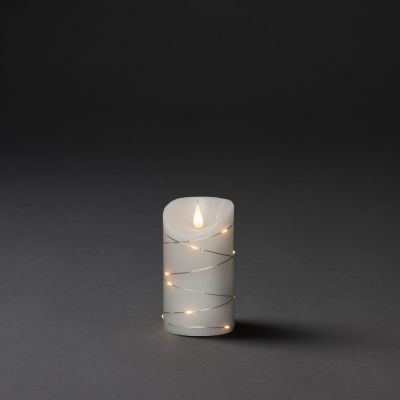 White wax candle 7.5x13.5cm with 13ww LED silver light chain, 3D candle flame + timer, 2xC batteries included