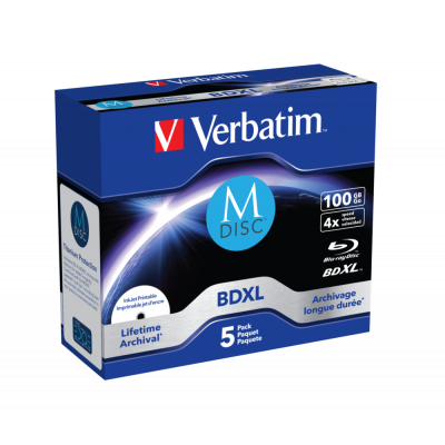BD-XL Verbatim M-Disc 100GB 4x Titanium Blu-Ray Inkjet Printable Jewel Case (1pack - pack of 5), Lifetime Archival, for BD-XL Blu-ray writer