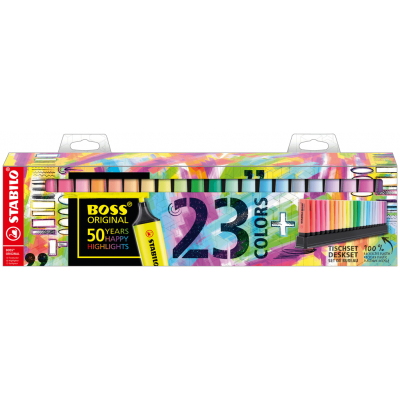 Helestusmarkerid Stabilo Boss Original 23 värvi (9 tavavärvi, 14 pastelltooni) laua-alusel, komplekt