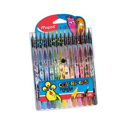 Felt-pens Monster decorated 12pcs + pencils Monster decorated 15pcs, reusable pouch