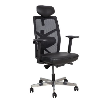 Office chair with TUNE headrest, backrest, 3D armrests 13473 / max 120kg / black leather + pol. alum. jalarist