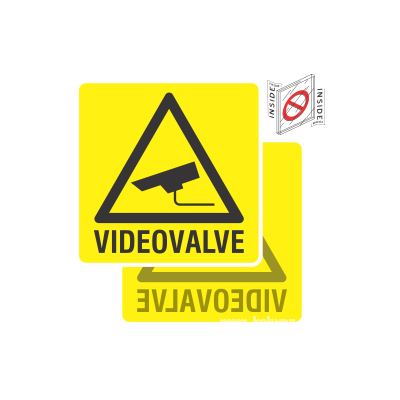 Ohutus - silt Videovalve (koos tekstiga 'VIDEOVALVE'), klaasikleebis (seestpoolt kleebitav, vaadeldav väljastpoolt), 10x10cm