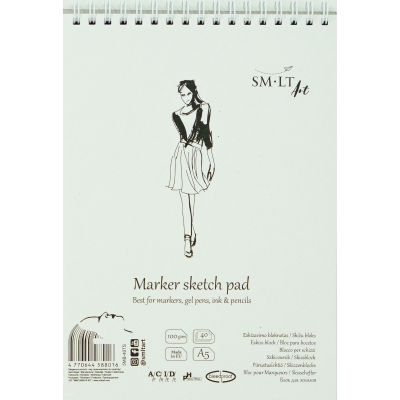 Sketch block A5 100gsm 40 sheets, for marker, gel pen, ink pen, crayon, spiral binding, acid-free, SMLT