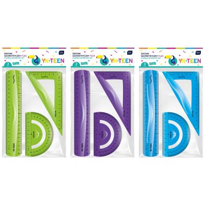 School set (ruler 20cm, triangle, template), assortment of 3 different colors, Interdruk