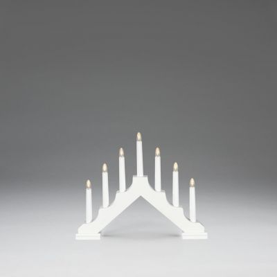 B/O Candlestick wood matt white, 7 LED bulbs, 6xAA