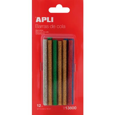 Hot melt sticks assorted glitter colours Ø 7.5 mm x 10 cm 12 sticks, Apli