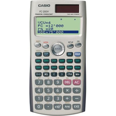 Koolikalkulaator Casio FC-200V 4-realine ekraan (finants, raamatupidamine, võlakirjad, amortisatsioon, tasuvuspunkt) päikese- ja tavapatarei