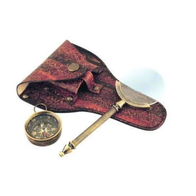 Magnifier & compass in leather case, antique brass, L: 14cm, Ø: 5cm - 3,5cm