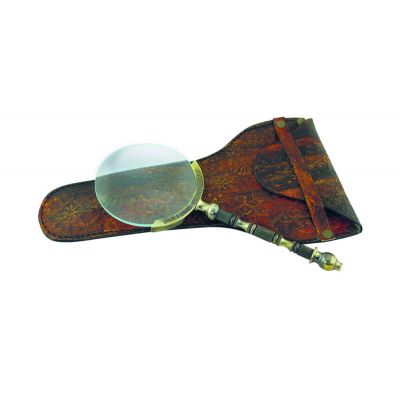 Magnifier in leather case, antique brass, L: 18,5cm, Ø: 7,5cm
