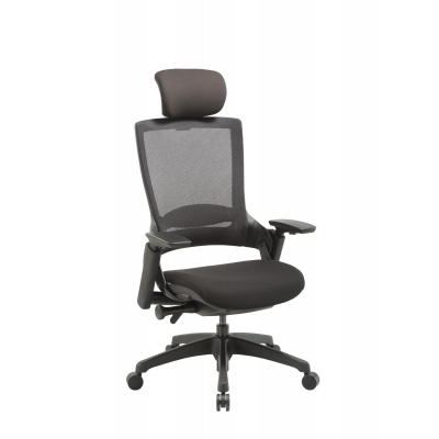 Office chair MELLET-E with headrest, black mesh backrest, 3D reg. armrests / black fabric+black nylon footrest, D60 plastic wheels