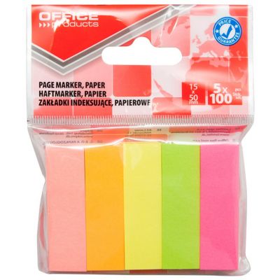 Filing Index Tabs OFFICE PRODUCTS, paper, 15x50 mm, 5x100 tabs, polybag, assorted colors