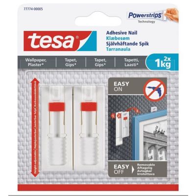 Tesa Adjustable Adhesive Nail for Wallpaper & Plaster up to 1kg, 2pcs