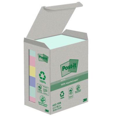 Märkmepaber iseliimuv Post-it 653 Recycled Notes, 100% taaskasutatud paber, assortii 38 x 51mm (pakis 6x100l)