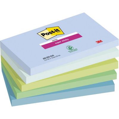 Post-it® Super Sticky Notes, Oasis Colour Collection, 76 mm x 127 mm, 90 Sheets/Pad, 5 Pads/Pack