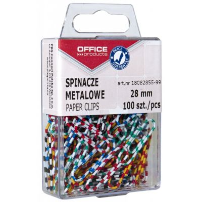 Metal paper clips, OFFICE PRODUCTS, Zebra, coated, 28 mm, 100 pieces, assorted colours