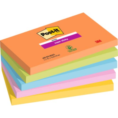 Post-it® Super Sticky Notes, Boost Colour Collection, 76 mm x 127 mm, 90 Sheets/Pad, 5 Pads/Pack